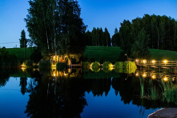 Una Bella Vista Con Luci Alberi Riflessione Lago Giardino — Foto Stock