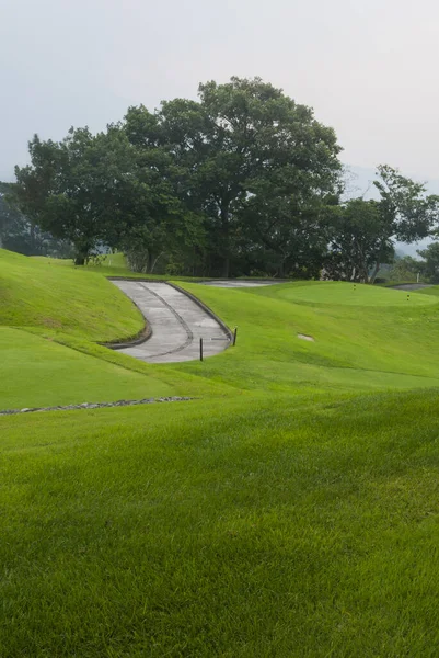 Piękne Pole Golfowe Oświetlone Światłem Słonecznym Wschodzie Słońca Zielona Trawa — Zdjęcie stockowe