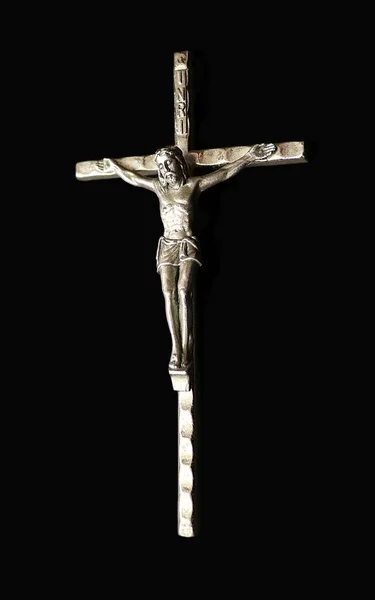 Chrystus Srebrnym Krzyżu Czarnym Tle — Zdjęcie stockowe
