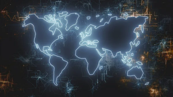 Uma Renderização Mapa Mundo Com Conexões Rede Contra Fundo Escuro — Fotografia de Stock
