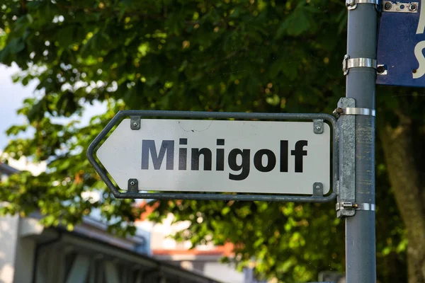 Selektivní Zaměření Tabule Minigolfovým Textem Švýcarském Sempachu — Stock fotografie