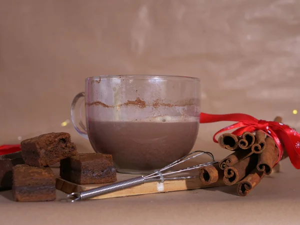 Hot Chocolate Drink Cinnamon Brownies Medium Shot — Stock Photo, Image
