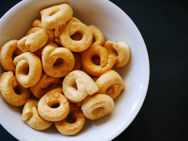 Bowl Taralli Isolated Black Background Free Space Text — Stock Photo, Image