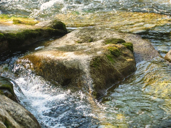 Rochas Bonitas Rio Que Flui Coberto Musgo — Fotografia de Stock