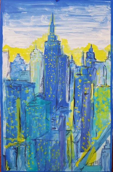 Een Verticale Met Hand Geschilderde Skyline Met Blauwe Gele Zwarte — Stockfoto