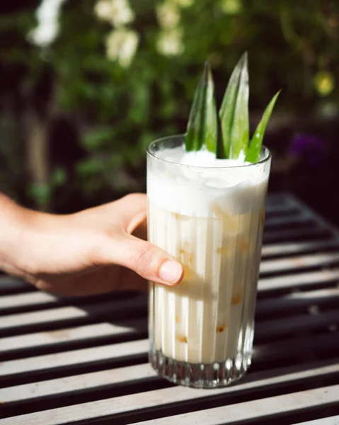 Eine Vertikale Aufnahme Einer Person Die Freien Ein Glas Ananasmilchpunsch — Stockfoto