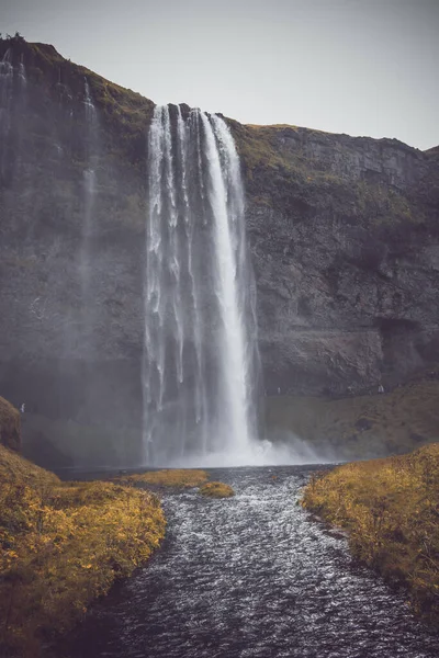 Eine Vertikale Aufnahme Des Seljalandsfoss Wasserfalls Einem Düsteren Tag Island — Stockfoto
