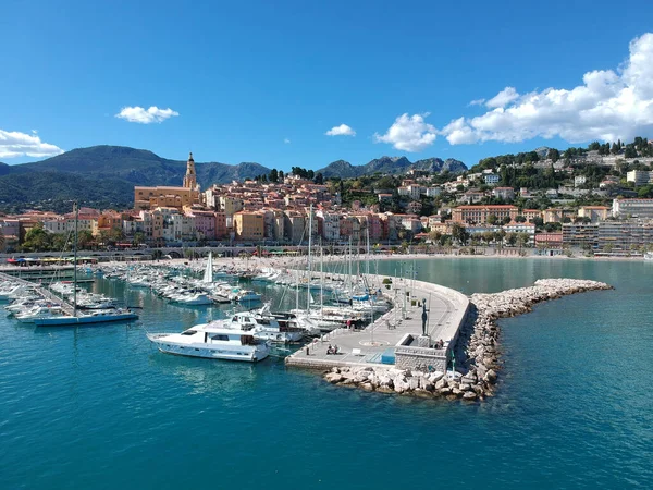 Aerial View Beach Port Dense Buildings Clear Sky Menton French — Stock Photo, Image