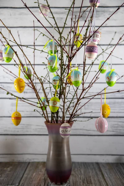 Vertical Shot Decorative Easter Eggs Hanging Branches Vase — Stock Photo, Image