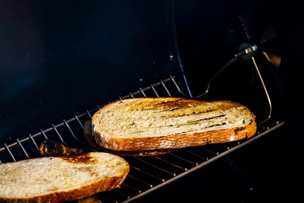 Tasty Fresh Bread Being Baked Charcoal Grill — Stock Photo, Image