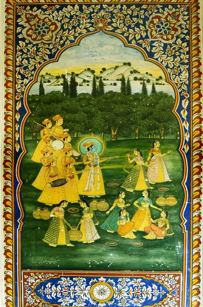 Shekhawati Freski Malarstwo Znajduje Się Dziedzictwo Mandawa Haveli Jhunjhunu Rajasthan — Zdjęcie stockowe