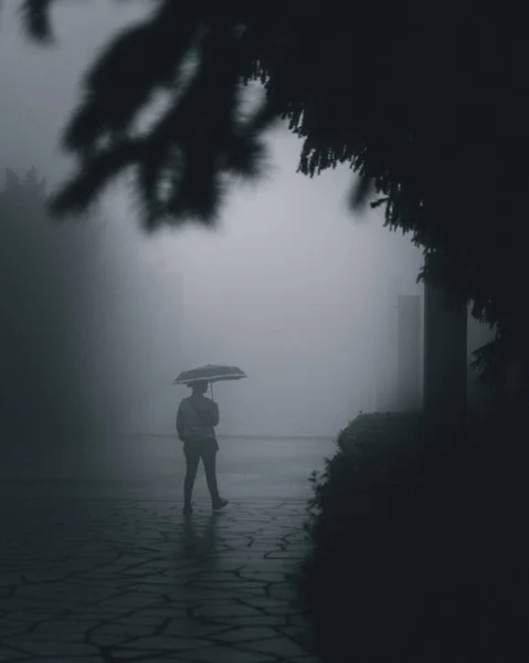 Egy Függőleges Felvétel Egy Esernyős Emberről Aki Utcán Beszél Egy — Stock Fotó