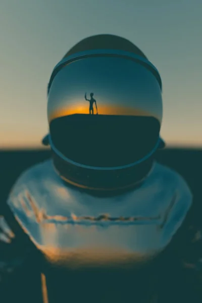 Astronaute Dans Combinaison Spatiale Avec Reflet Alien Dans Casque — Photo