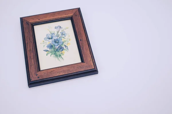 Picture Frame Blue Painted Flowers Isolated Light Gray Background — Stock Photo, Image