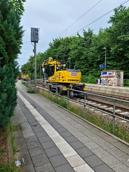 Neumuenster Alemania Julio 2021 Disparo Vertical Una Excavadora Amarilla Sobre — Foto de Stock