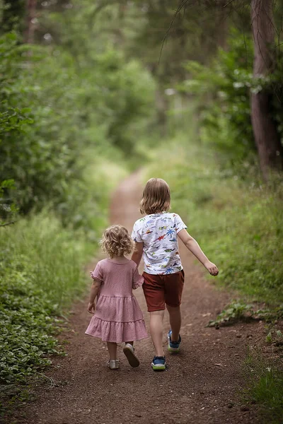 Wybiórczy Chłopak Spacerujący Lesie Młodszą Siostrą — Zdjęcie stockowe