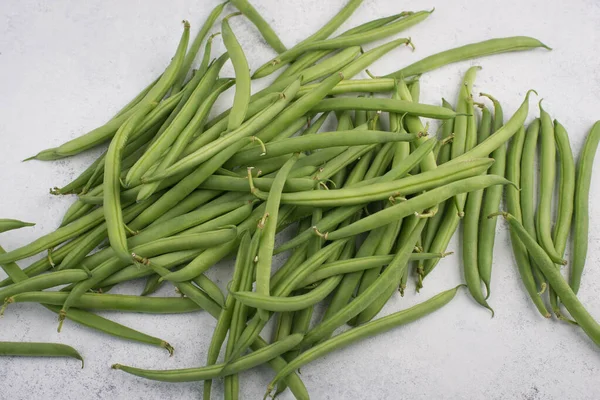 Groene Snijbonen Een Getextureerde Achtergrond Lege Kopieerruimte Voor Tekst Verse — Stockfoto