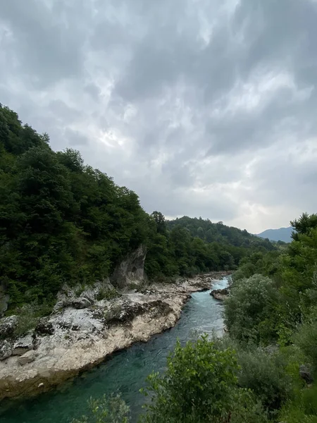 Een Verticaal Schot Van Een Rivier Stromend Het Woud Onder — Stockfoto