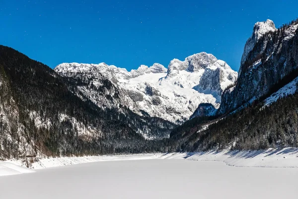 Gyönyörű Kilátás Hoher Dachstein Ausztriában Tiszta Kék Alatt Sötét Fák — Stock Fotó