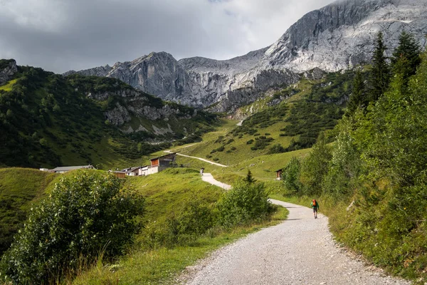 Caminho Jubilaumsgrat Uma Colina Verde Vibrante Que Leva Pico Zugspitze — Fotografia de Stock