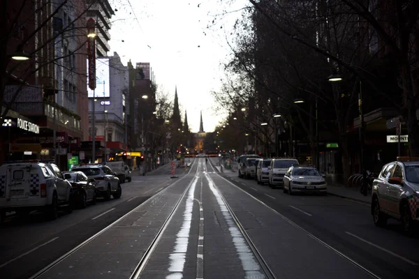 Melbourne Australia Jul 2021 Tram Tracks Empty Street Melbourne City — Stock Photo, Image