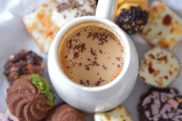 Selective Focus Shot Cup Coffee Delicious Cookies — Stock Photo, Image