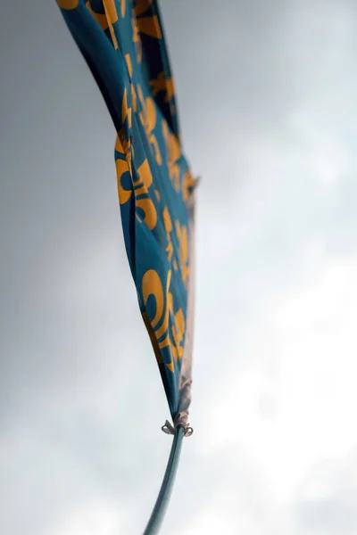 Egy Függőlegesen Alacsony Szögű Felvétel Egy Virágos Zászlóról Ami Felhős — Stock Fotó