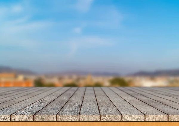 Una Ilustración Banco Madera Sobre Fondo Borroso Paisaje Urbano — Foto de Stock