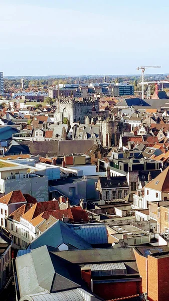 Vertikální Pohled Krásné Město Gentu Belgii Při Východu Slunce Pod — Stock fotografie