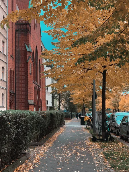 秋天的一天 人行道边的建筑物和公寓的垂直截图 — 图库照片