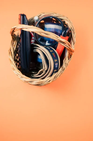 Top View Woven Basket Full Hiking Tools Orange Isolated Background — Stock Photo, Image