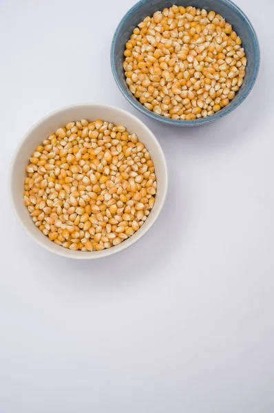 Vertical Shot Corn Grains Bowls Isolated White Background — Stock Photo, Image
