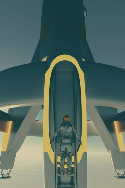 一个穿宇航服的宇航员走进火箭 — 图库照片