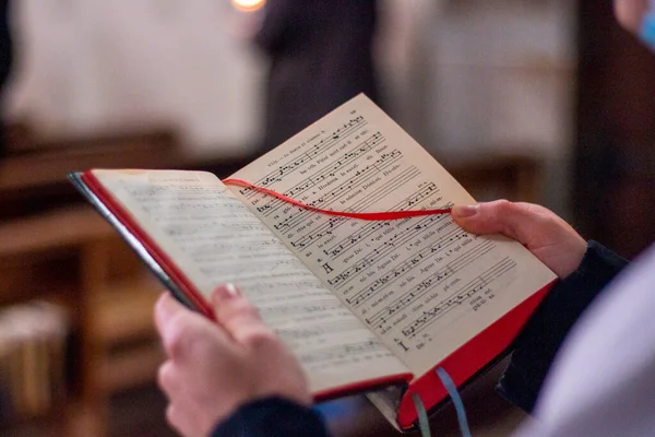 Primo Piano Predicatore Che Legge Bibbia Nella Chiesa — Foto Stock