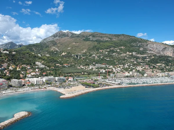 Luftaufnahme Eines Strandes Mit Gebäuden Und Bergen Menton Côte Azur — Stockfoto