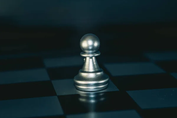 Closeup Shot Metallic Silver Pawn Chess Board — Stock Photo, Image