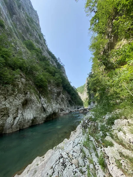 Een Verticaal Schot Van Een Rivier Stromend Tussen Twee Wankele — Stockfoto