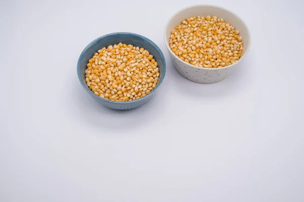 High Angle Shot Corn Grains Bowls Isolated Light Gray Background — Stock Photo, Image