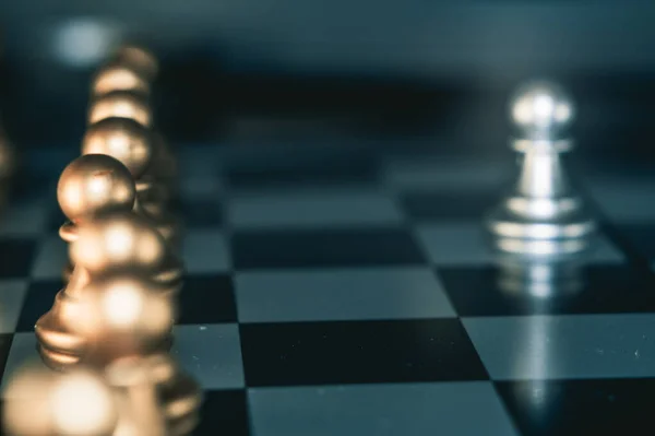Closeup Metallic Chess Figures Dark Background — Stock Photo, Image