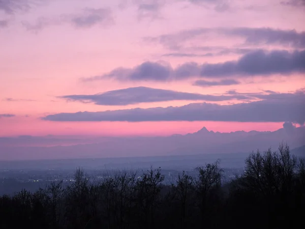 Прекрасний Вид Захід Сонця Силуетів Рослин Вершині Гори — стокове фото