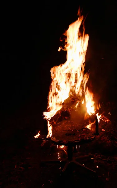 Bright Flames Fire Burning Chair Night — Stock Photo, Image