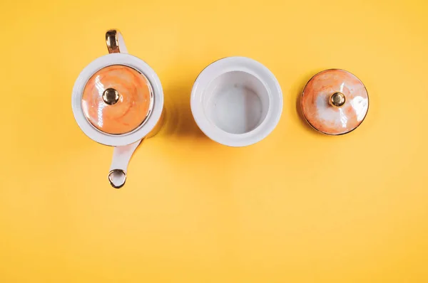 Felső Nézet Egy Narancs Borított Teáskanna Csésze Fedél Egy Narancs — Stock Fotó