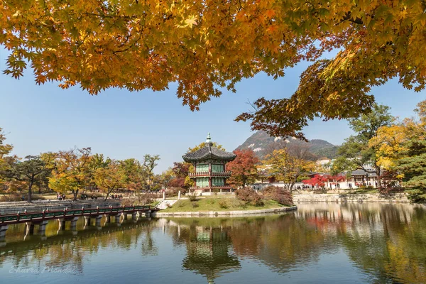 Een Landschap Van Een Prieel Van Gyeongbokgung Palace Omringd Door — Stockfoto