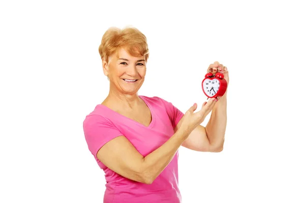 Portrait Old Polish Woman Summer Outfit Holding Her Alarm Clock — Stock fotografie