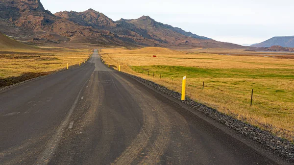 Живописный Вид Асфальтированную Проселочную Дорогу Между Культурными Площадками Исландии — стоковое фото
