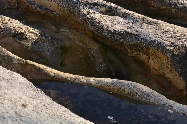 Parkta Suyla Dolu Yıpranmış Kirli Kıvrımlı Taşlar — Stok fotoğraf