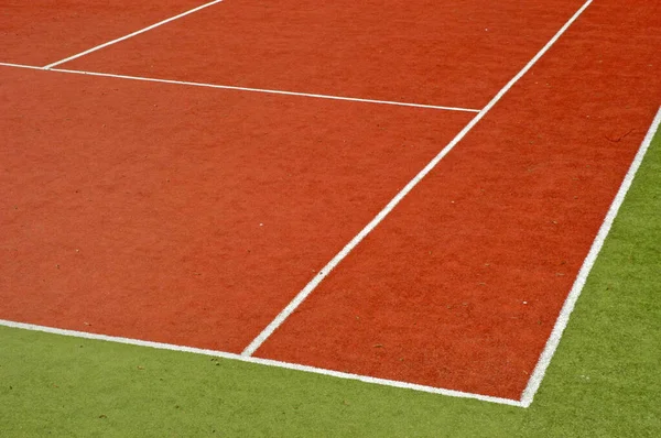 Primo Piano Una Superficie Rossa Della Zona Angolo Campo Tennis — Foto Stock