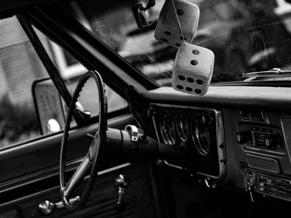 Old Vintage Car Interior Dice Toys Hanging Front Mirror — Stock Photo, Image