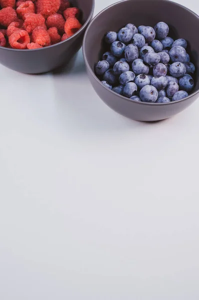 Bowls Raspberries Blueberries Isolated White Background Free Space Text — Stock Photo, Image