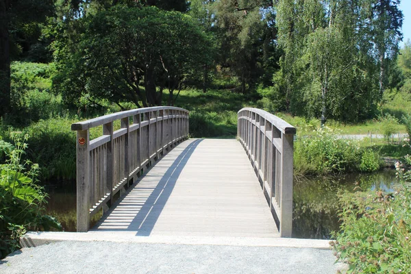 Деревянный Мост Ведет Зеленый Парк — стоковое фото